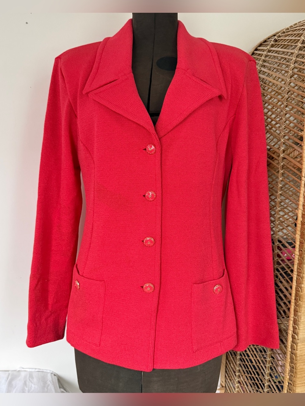 St. John Collection Coral Red Knit Blazer Size 16 Gold Buttons
